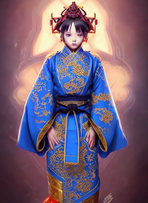 Prompt: manchurian martial artist!!!! blue eyes!! intricate ornate blue robes!! character concept art, sharp focus, octane render! unreal engine 5! highly rendered!! trending on artstation!! detailed linework!! illustration by artgerm, wlop, and chie yoshii