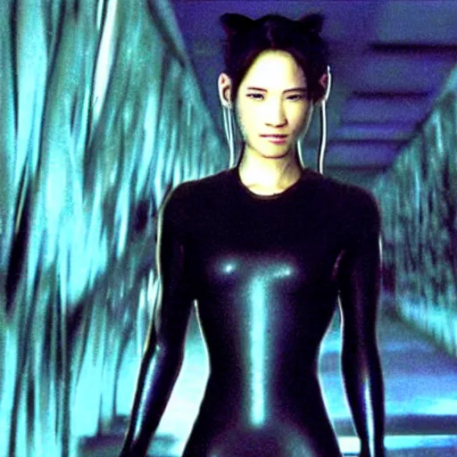 Image similar to photo still of actress miku hatsune as trinity in the matrix ( 1 9 9 9 )