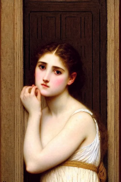 Prompt: girl in thought by auguste toulmouche and bouguereau, intimate lighting, perfect detailed eyes, beautiful hands, pale skin, blonde hair, leaning on door