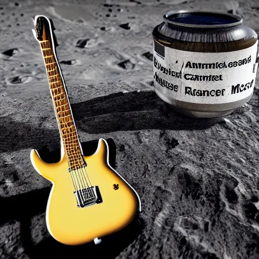 Image similar to detailed realistic idle regular sized electric guitar next to a detailed realistic idle regular sized beer can on the moon surface. detailed photo. realistic photo