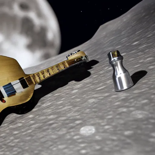 Image similar to photo of a detailed realistic idle electric guitar and a detailed realistic idle beer can next to one another on the moon surface. realistic. detailed