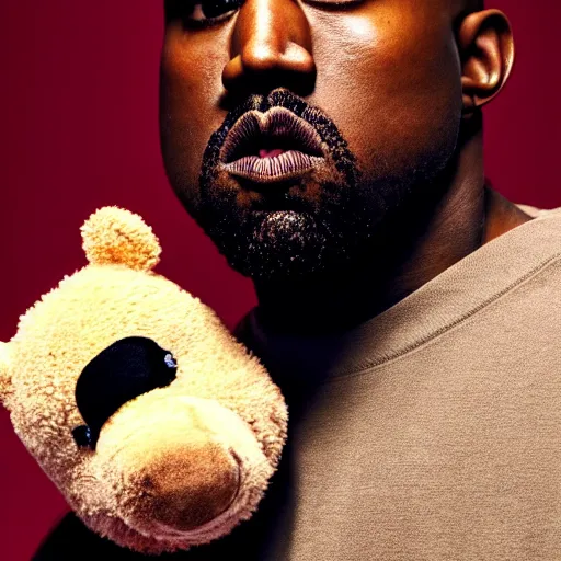 Prompt: cinematic photograph of Kanye West with a anthropomorphic teddy bear, close up, portrait, album cover, shallow depth of field, 40mm lens, gritty, textures