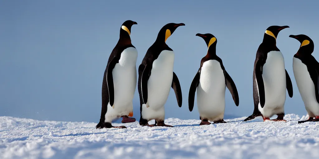 Image similar to ultrawide angle photograph of three penguins doing tricks on snowboards, 8 k