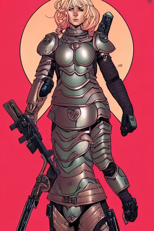 Prompt: comic cover art of a stunning female paladin wearing copper armor, inspired by gunsmith cats and tank girl, illustration by jenny frison and sana takeda, intricate details, stunning inking lines, stunning gradient colors, 4 k, hd, artstation