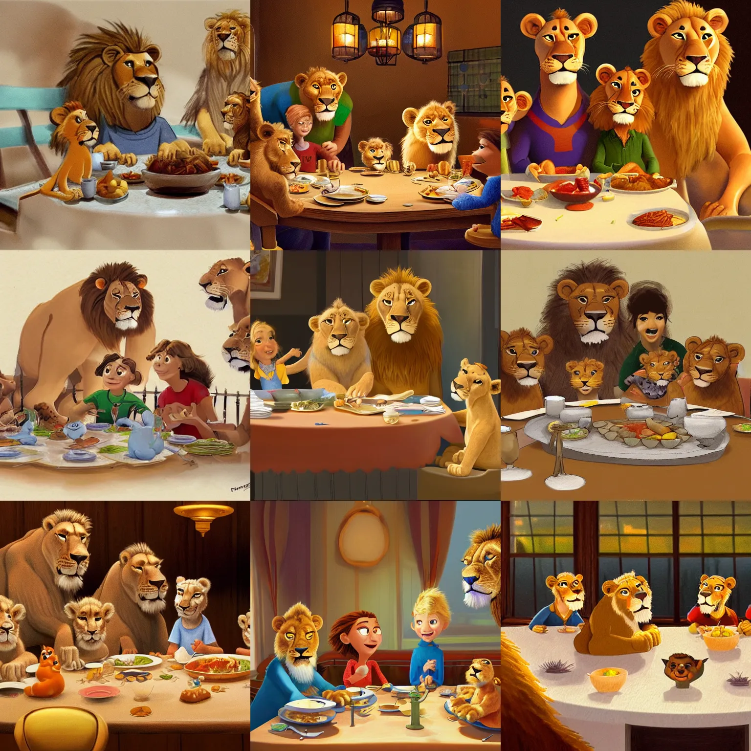 Prompt: pixar concept art of a family of lions sitting at the dinner table