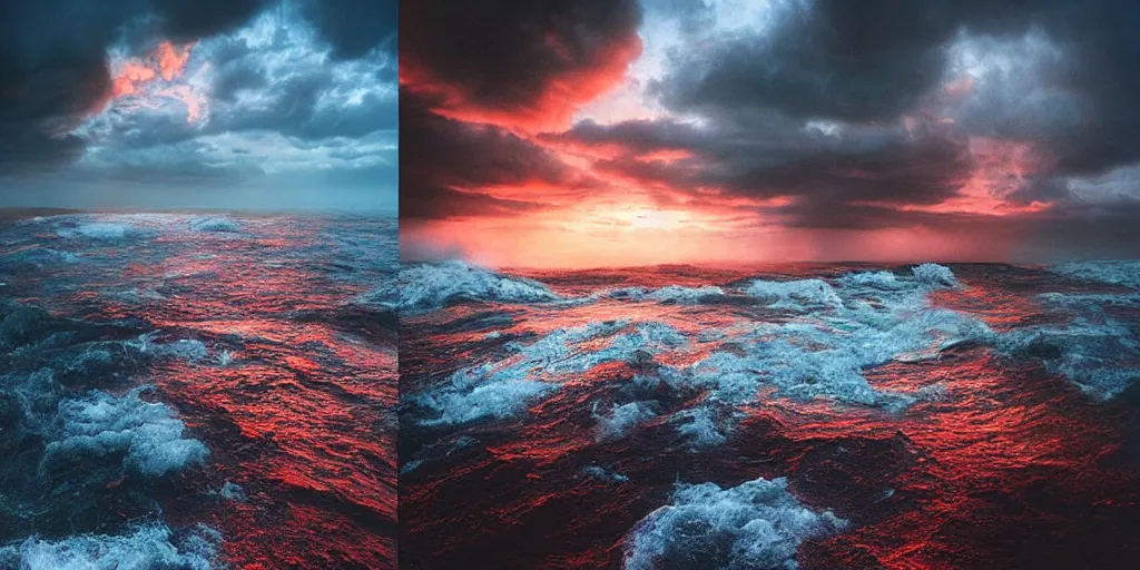 Image similar to beautifully hellish seascape photography by carr clifton, by galen rowell # film kodak ektar 8 k resolution ; night on a fantasy world, concept art by daniel lieske, by dan witz 8 k 3 d 1 6 k,