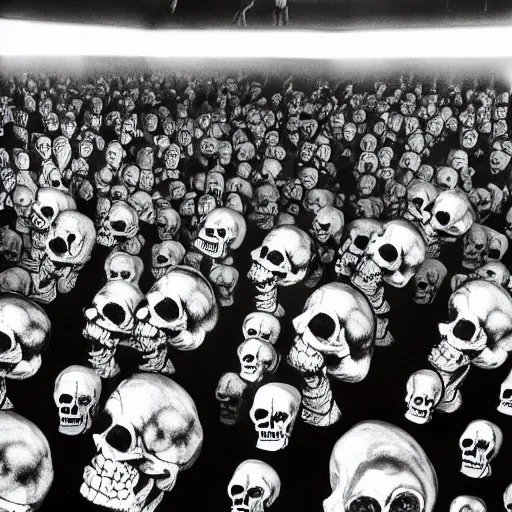 Image similar to photo, a giant crowd of shiny refective black latex claymation skeletons by ray harryhausen dancing inside a colorful underground ussr night club