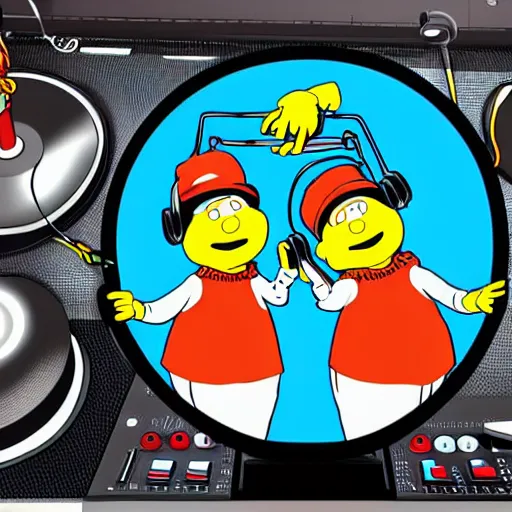 Image similar to svg sticker of a Pop-Wonder Bert&Ernie, Sesame-Street, at a rave, spinning records, giant headphones rocking out, wearing headphones, huge speakers, dancing, rave, DJ, spinning records, digital art, amazing composition, rule-of-thirds, award-winning, trending on artstation, featured on deviantart