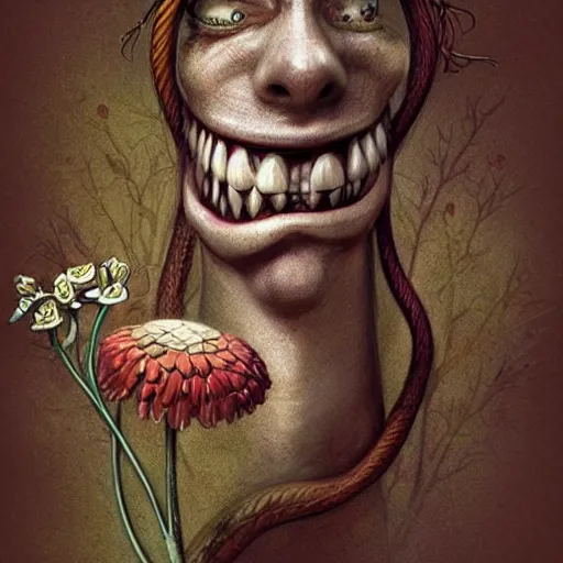 Prompt: surrealism grunge cartoon sketch of a human snake with a wide smile holding flowers by - michael karcz, loony toons style, horror theme, detailed, elegant, intricate