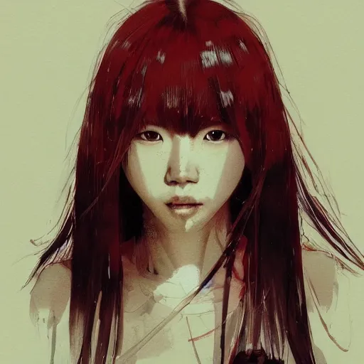 Image similar to full body portrait of a korean schoolgirl with long hair and bangs, her arms are mutating into thin red tedrils, dramatic lighting, illustration by Greg rutkowski, yoji shinkawa, 4k, digital art, sci-fi horror concept art, trending on artstation