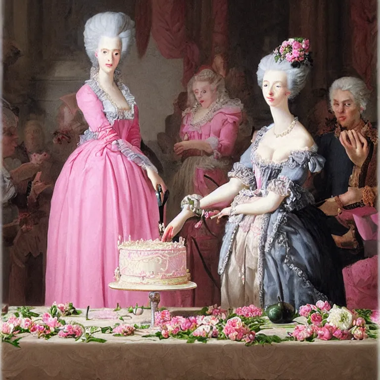 Image similar to Marie Antoinette cutting a pink cake. Baroque painting, trending on artstation, 50mm