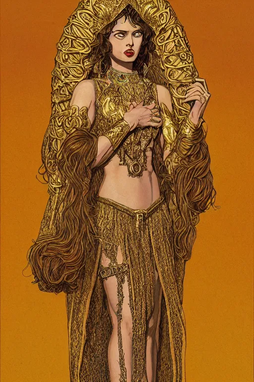 Image similar to Portrait of historically accurate, ancient biblical, sultry, sneering, evil, pagan, wicked, queen jezebel, wearing gilded robes, long hair, intricate, elegant, highly detailed, masterpiece, illustration, art by Jean Giraud, highly detailed, trending on artstation, award winning