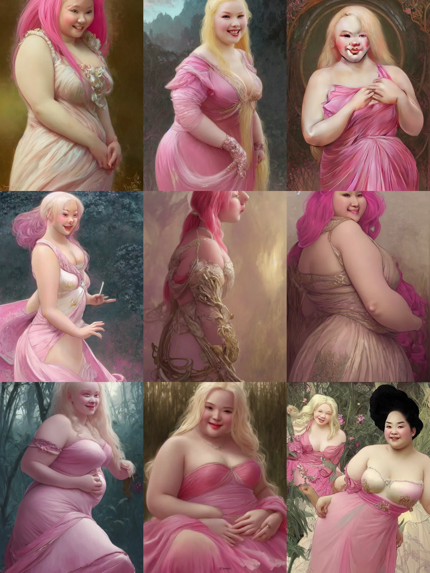Prompt: a beautiful extremely obese and detailed matte painting of a seductive smiling blonde girl albino asian in a shiny pink dress, fantasy, d & d, dark eyeliner, intricate, elegant, highly detailed, digital painting, artstation, concept art, matte, sharp focus, illustration, art by greg rutkowski and alphonse mucha