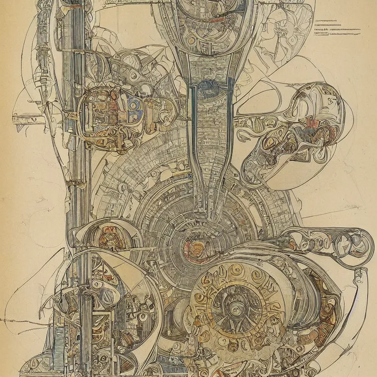 Image similar to detailed, intricate technical drawings on parchment from 1 8 4 0, with labels and notes, for a beautiful, symmetric, art deco submarine cutaway, by ron cobb and alphonse mucha