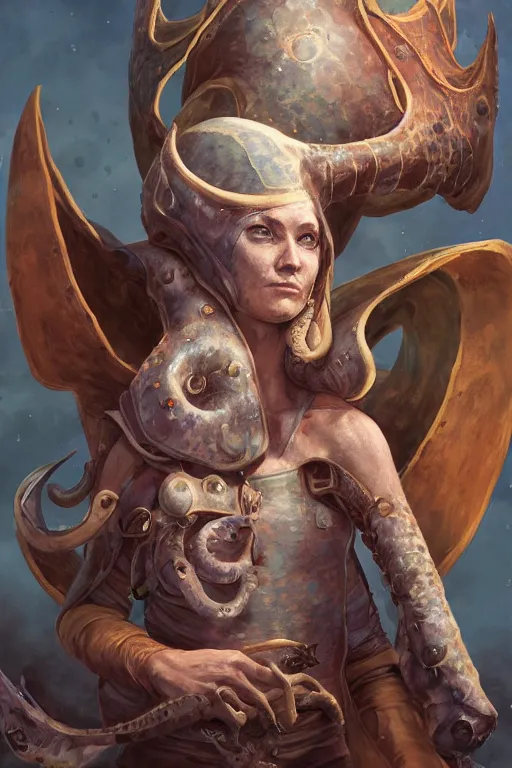 Prompt: portrait of the Plectronoceras cephalopod wizard wearing the epic artifact headgear by artgerm and Craig Mullins, James Jean, Andrey Ryabovichev, Mark Simonetti and Peter Morbacher 16k