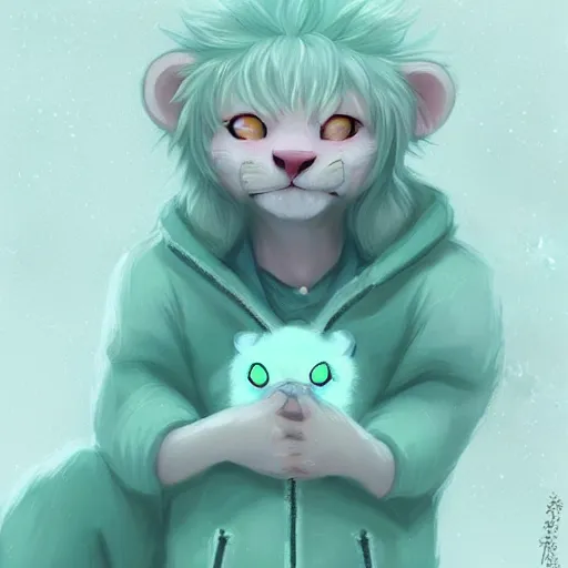 Image similar to aesthetic portrait commission of a albino male furry anthro lion wearing a cute mint colored cozy soft pastel winter outfit, winter atmosphere character design by charlie bowater, ross tran, artgerm, and makoto shinkai. art from furaffinity, weasyl, deviant art, inkbunny