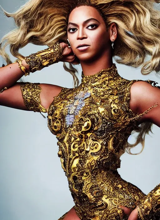 Image similar to beyonce photoshoot as a powerful anime boss villain, realistic, intricate, hyper detailed, overpowered, all gold, renaissance style clothes, highly detailed, high resolution, highly realistic, 8 k 4 k