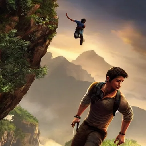 Image similar to young nathan drake jumping off a cliff, highly detailed