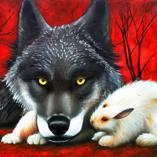 Prompt: a majestic large black wolf with red eyes curled around a small, fragile and cute white rabbit lovingly to protect it from the dangerous forest that is all around them, oil painting, award winning, 4k, high quality, high detail