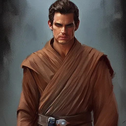 Image similar to portrait of a man by greg rutkowski, a jedi knight that looks like matt bomer, wearing brown robes, star wars expanded universe, he is about 3 0 years old, highly detailed portrait, digital painting, artstation, concept art, smooth, sharp foccus ilustration, artstation hq