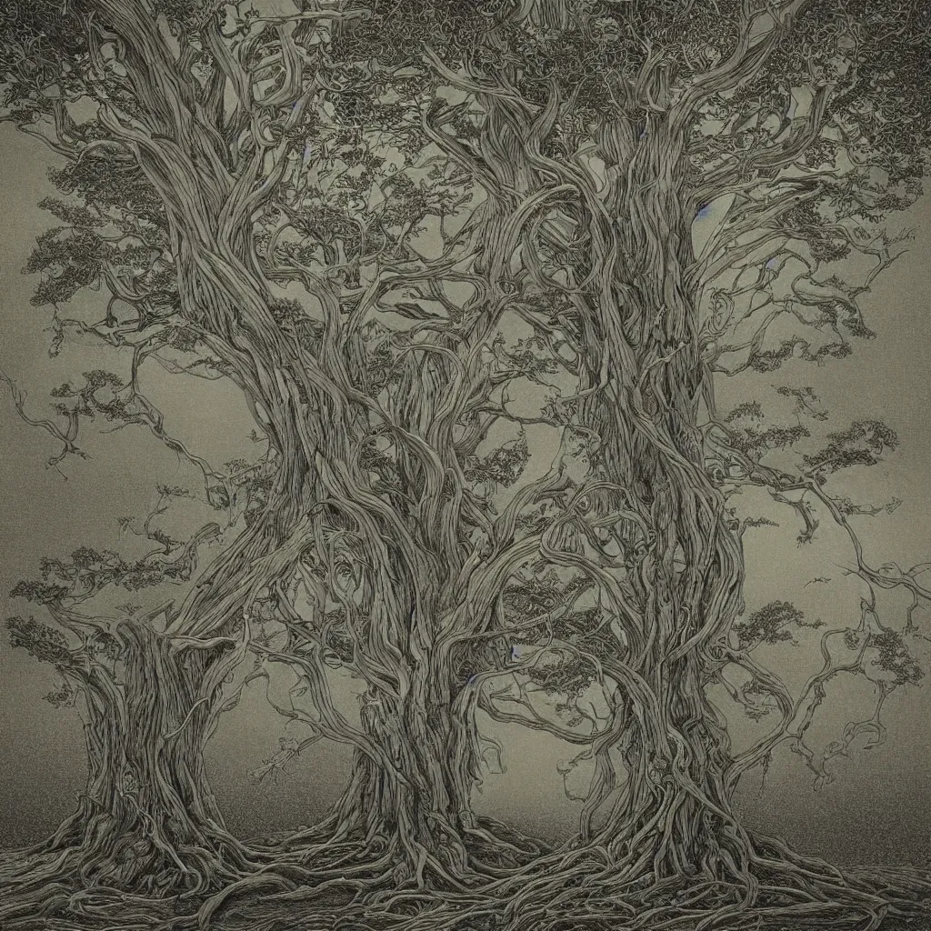 Image similar to tree of life, yggdrasil, moody lighting, by moebius, by laurie lipton