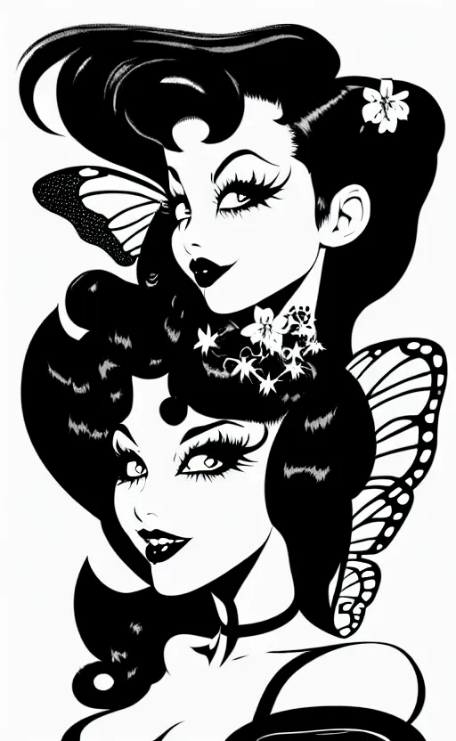 Image similar to fairy with a detailed face and black hair, burlesque psychobilly, rockabilly, punk, wide angle shot, white background, vector art, illustration by frank frazetta