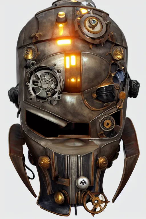 Image similar to steampunk mask minimalist fantasy art robot ninja helmet, global illumination ray tracing hdr fanart arstation by sung choi and eric pfeiffer and gabriel garza and casper konefal radiating a glowing aura