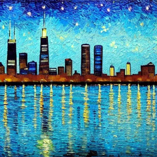 Image similar to painting of the chicago skyline in the style of van gogh