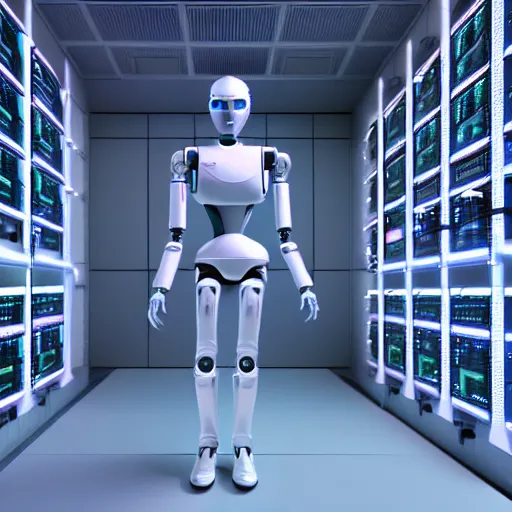 Image similar to hyperrealism stock photo of highly detailed stylish humanoid robot in futuristic sci - fi style by gragory crewdson and vincent di fate in the highly detailed data center by mike winkelmann and laurie greasley rendered in blender and octane render