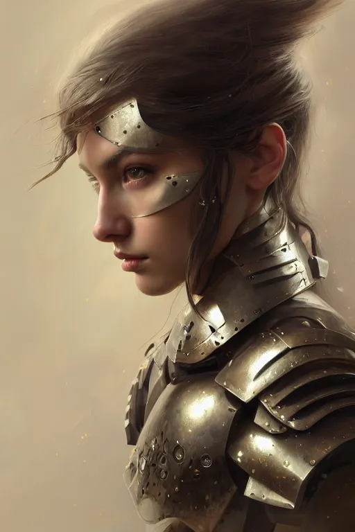 Image similar to a photorealistic character portrait of an attractive young girl, partially clothed in metal-plated battle armor, olive skin, long dark hair, beautiful bone structure, symmetrical face, perfect eyes, intricate, elegant, digital painting, concept art, illustration, sharp focus, minimal artifacts, volumetric lighting, from Metal Gear, in the style of Ruan Jia and Mandy Jurgens and Greg Rutkowski, trending on Artstation, award winning