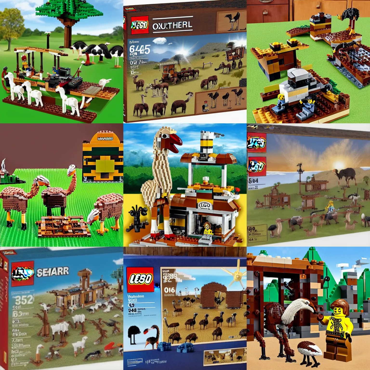 Prompt: a limited time lego set of an ostrich farm with a old western theme,