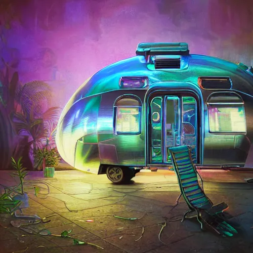 Prompt: futuristic cyberpunk airstream treehouse with tiki accents, funky, groovy, fine art, digital painting, velvet art, atmospheric lighting, center focus, hyperdetailed, photorealistic, 8k, high resolution, velvia, velvety, vibrant and rich colors, insanely detailed and intricate, ray tracing, award winning, featured in artstation, greg rutkowski, beeple, octane render