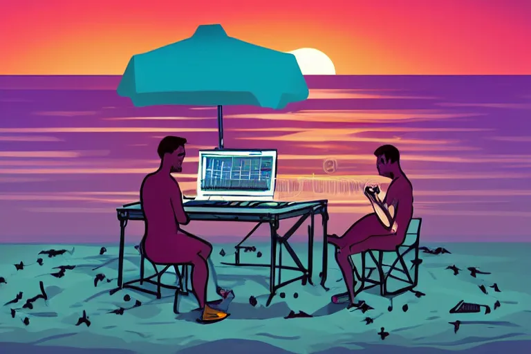 Prompt: a diskjockey making music in a beautiful beach, sunset, digital illustration