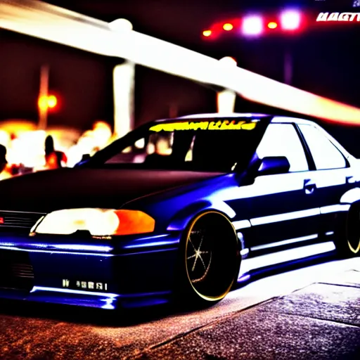 Image similar to a car JZX90 twin turbo drift at illegal car meet, Shibuya prefecture, city midnight mist lights, cinematic lighting, photorealistic, highly detailed wheels, high detail