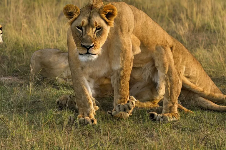 Prompt: award - winning panoramic nature photography, a scenic picture of a flamboyant lioness celebrating her birthday on the serengeti. balloons are in the background. birthday party setting. the lions are eating a birthday cake. extremely detailed lioness. hyperrealistic, 8 k