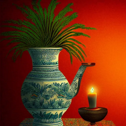 Image similar to still art, antique jug with palms inside, old candle, much vegetables, lemon, orange, pepper, cinematic light, detailed, digital art, concept art, trending on artstation, highly detailed, intricate, sharp focus, digital art, 8 k