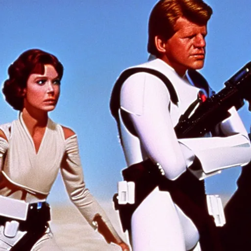 Image similar to a still frame from the movie star wars a new hope, starring jfk