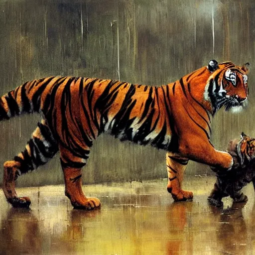 Image similar to tigers in the rain, painting by jeremy mann