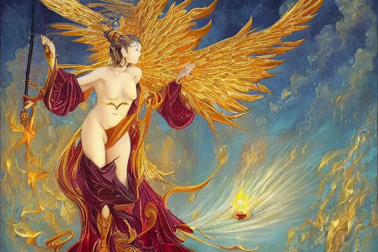 Prompt: glorious beautiful painting of Japanese female angel with flaming sword and golden wings, heavenly background and heavenly light, feminine figure, by James Jean, Neo-Gothic, gothic, Art Nouveau, rich deep moody colors