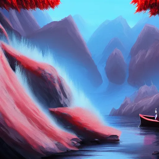 Prompt: a waterfall of blood falls from the top of the mountain, the demons sail along it in canoes, vivid color, highly detailed, mistic atmosphera, digital painting, artstation, concept art, matte, sharp focus, manga style,