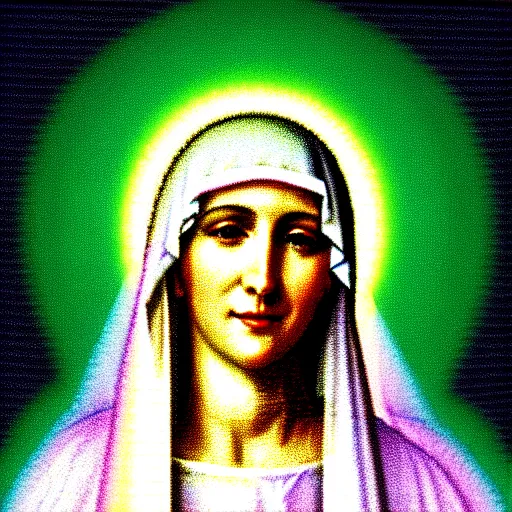 Image similar to vhs static overlay of virgin mary, vhs, 1 9 9 0, highly realistic, highly detailed, vhs noise static