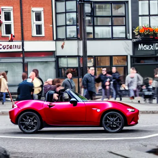 Image similar to a red haired danish man drives a mazda mx-5 down a street in copenhagen