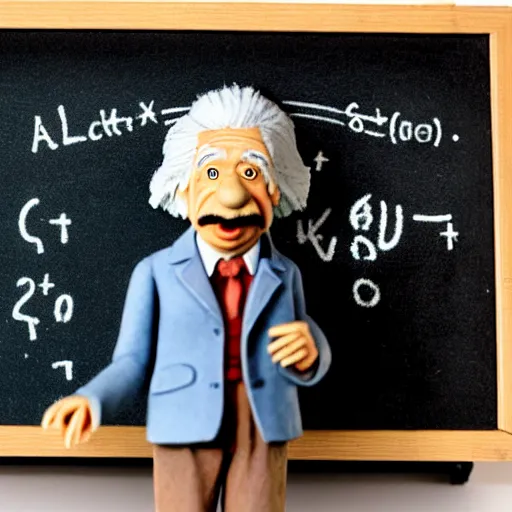 Image similar to claymation miniature scene of albert einstein standing in front of miniature blackboard with lots of mathematical formulas chalked on