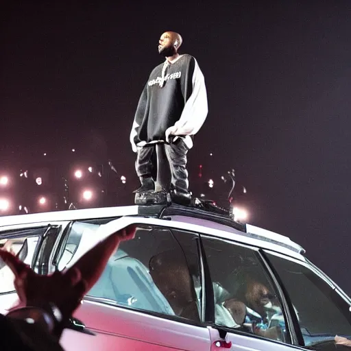 Image similar to kanye west performing a live concert on top of a moving car in the middle of a desert