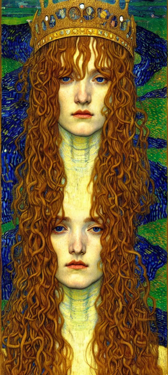 Image similar to detailed realistic beautiful young medieval queen face portrait by jean delville, gustav klimt and vincent van gogh, art nouveau, symbolist, visionary, gothic, pre - raphaelite, muted earthy colors, desaturated