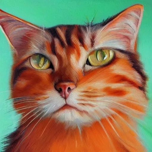 Prompt: oil painting of longhaired light orange and medium orange cat with green eyes, bushy tail, pointy ears, artistic, elegant,