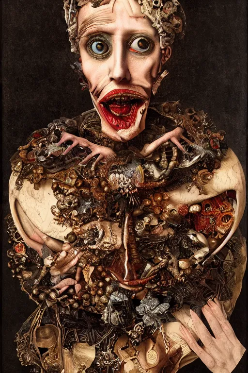 Image similar to Detailed maximalist portrait with large lips and with large wide eyes, surprised expression, surreal extra flesh and bones, HD mixed media, 3D collage, highly detailed and intricate, illustration in the golden ratio, in the style of Caravaggio, dark art, baroque