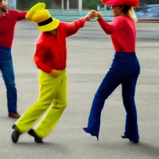 Image similar to realistic photograph of a bright yellow cat wearing 'red hat', 'green shirt' and 'blue overalls' dancing in a parking lot