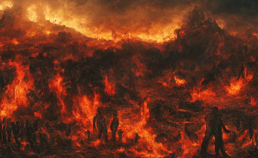 Prompt: hell landscape with people suffering, 4 k, detailed