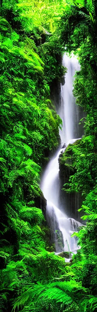 Prompt: A waterfall in a lush rainforest, colorful, cinematic